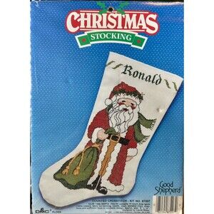 Vintage NOS 1988"Old Time Santa" Christmas Stocking Cross Stitch Craft Kit DMC